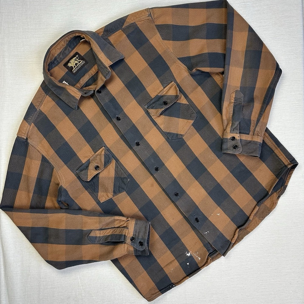 Indigofera Norris Selvedge Flannel Button Shirt‎ Plaid Check Men XL Brown Black